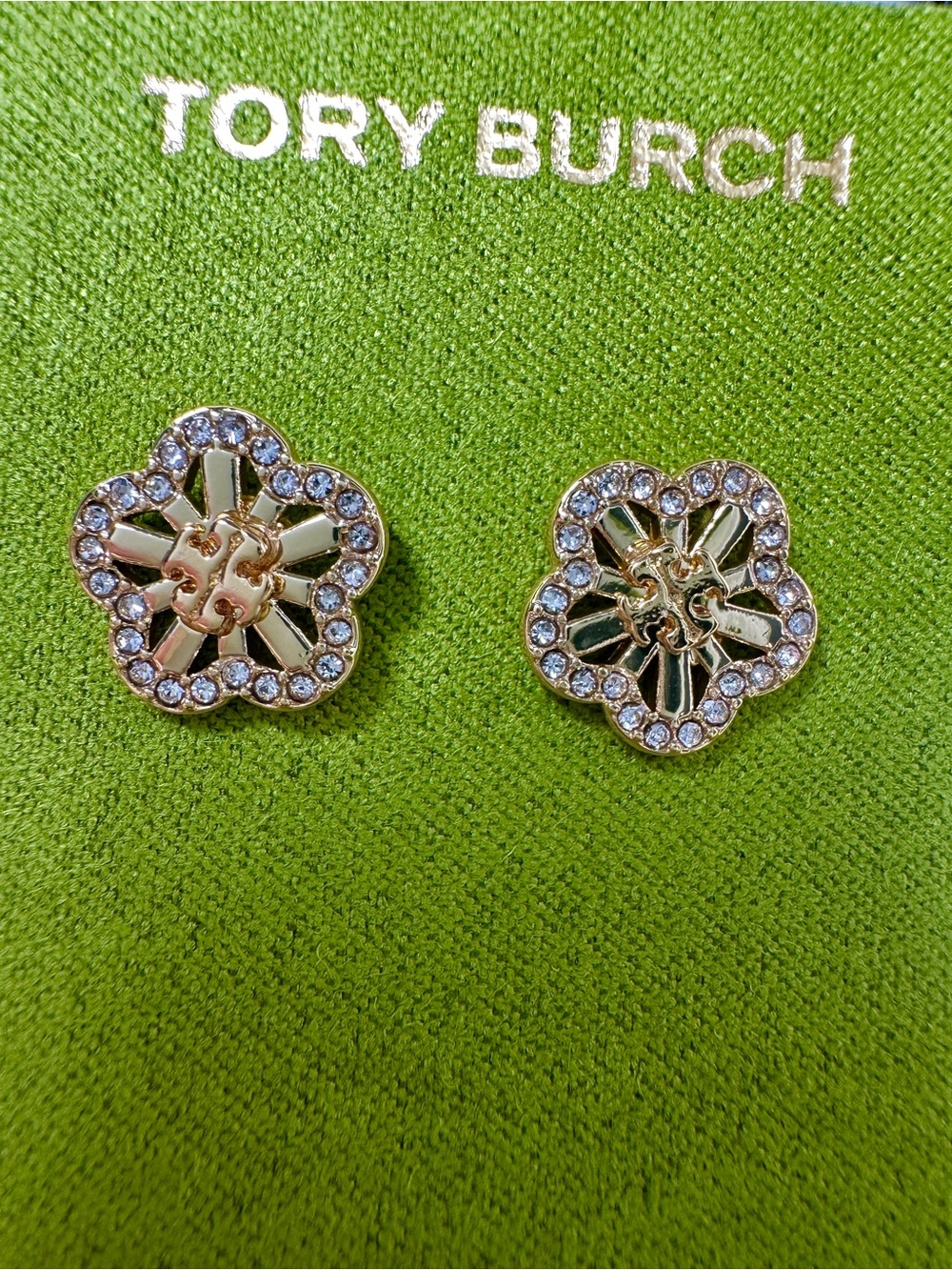 Tory Burch Gold Crystal Flower Logo Stud Earrings